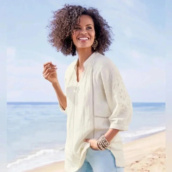 SOFT SURROUNDINGS Women's M Ivory Magnolia Gauze Tunic Top Cottage Blouse - Picture 9 of 12